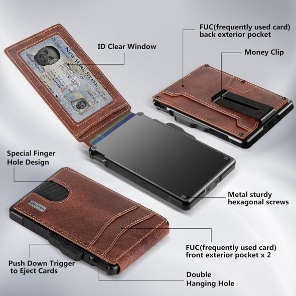 Umoven Wallet for Men - with Money Clip Slim Leather Slots Credit Card Holder RFID Blocking Bifold Minimalist Wallet (Top Layer Leather-Brown Red)
