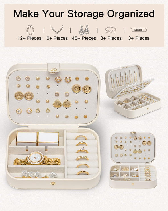 Vlando Travel Jewelry Case for Mothers Day Teacher Appreciation Gifts, PU Leather Portable Small Jewelry Box for Rings, Necklaces, Bracelets, Earring Holder Organizer for Women Girls - Beige