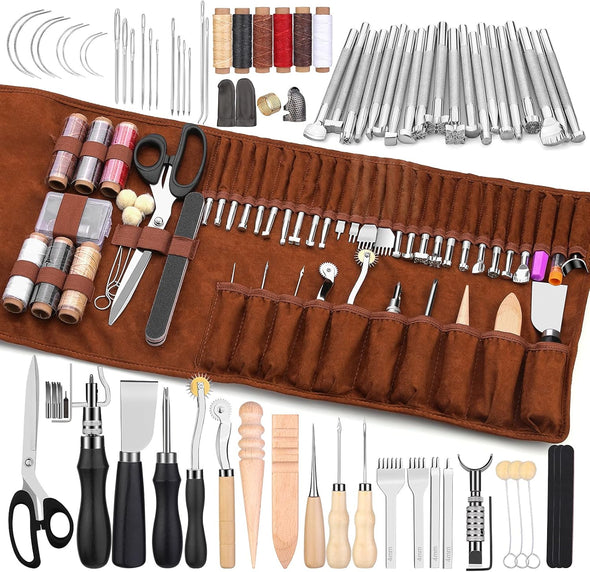 Leather Working Tools Leather Craft Tools for Carving Stamping Sewing Punching Cutting with Custom Custom Storage Bag Professional Tooling Kit for Crafting, Repair & DIY Projects
