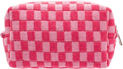 PAZIMIIK Checkered Makeup Bag for Purse Portable Zipper Make up Pouch Small Cosmetic Case for Travel Accessories (Hotpink)