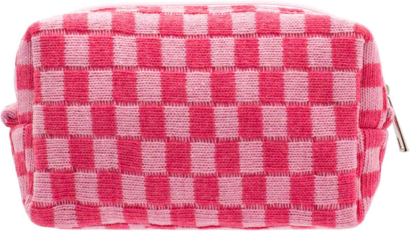 PAZIMIIK Checkered Makeup Bag for Purse Portable Zipper Make up Pouch Small Cosmetic Case for Travel Accessories (Hotpink)