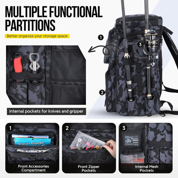 PLUSINNO Fishing Backpack with Rod Holders Tackle Box, 42L Large Water-Resistant Fishing Tackle Bag Store Fishing Gear