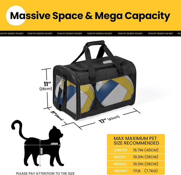 Cat Carrier Airline Approved, Soft-Sided Dog Carrier with Inner Safety Leash, Pet Transport Carrier for Small-Medium Cats Puppies up to 15 Lbs, Collapsible Travel Kitten Carrier Bag -Blackm