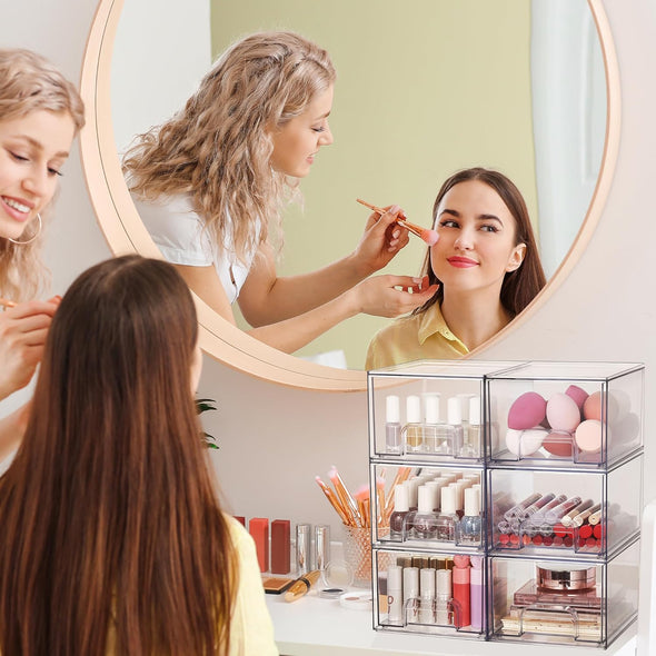 Vtopmart 4 Pack Clear Stackable Storage Drawers, 4.4'' Tall Acrylic Bathroom Makeup Organizer,Plastic Storage Bins for Vanity, Undersink, Kitchen Cabinets, Pantry, Home Organization