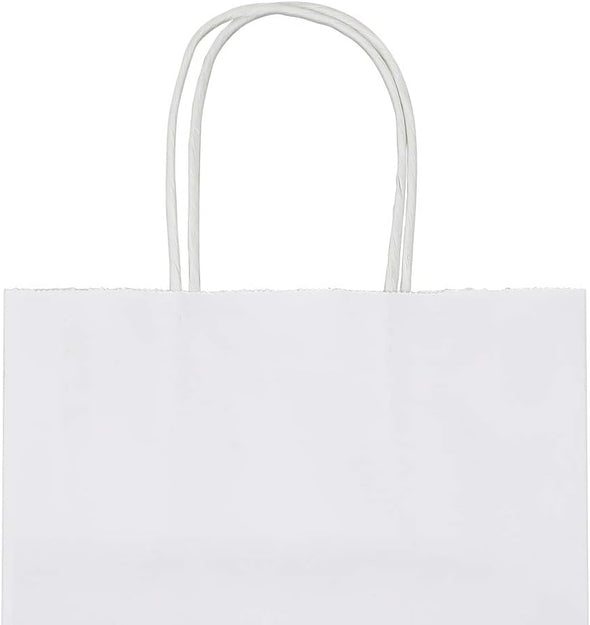 Bagmad 50 Pack 8X4.75X10 Inch Medium White Kraft Paper Bags with Handles Bulk, Gift Bags, Craft Grocery Shopping Retail Birthday Party Favors Wedding Sacks Restaurant Takeout, Business (50Pcs)