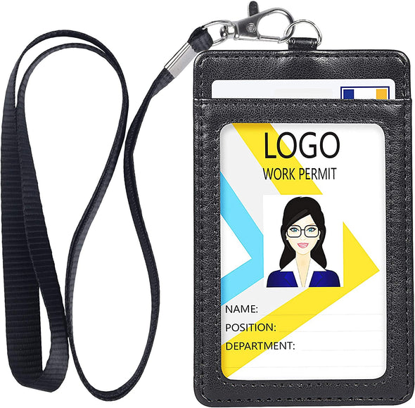 Teskyer Badge Holder, Leather ID Card Holder with Lanyard for ID Badges, Vertical Style, Black