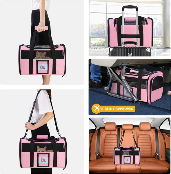 Cat Carrier Pet Carriers Airline Approved for Small Dogs Kitten Carriers for Small Medium Cats under 15Lb, Collapsible Soft Sided TSA Approved Travel Carrier, Pink