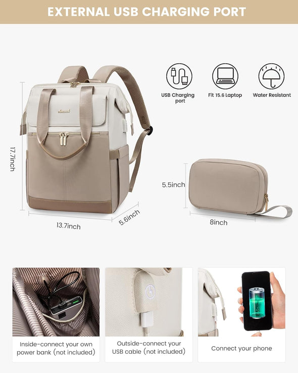 beige travel backpack handbag and purse 2pcs LOVEVOOK 2Pcs Fashion Laptop Backpack 15.6" 17.3" with USB Charging Port and Anti-Theft Pocket, Khaki / 15.6 Inch
