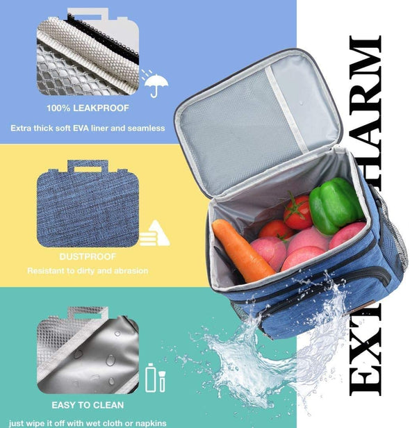Extracharm Insulated Lunch Bag for Women/Men - Reusable Lunch Box for Office Picnic Hiking Beach - Leakproof Cooler Tote Bag Organizer with Adjustable Shoulder Strap for Adults - Black