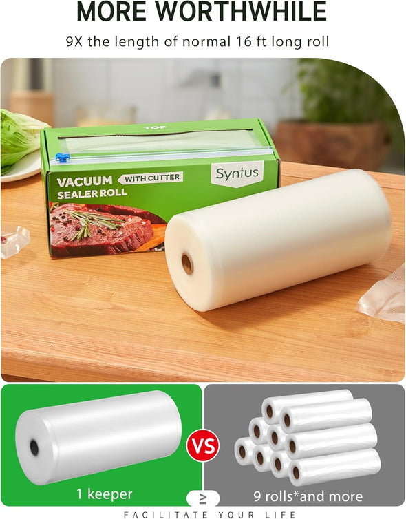 Syntus 11" X 150' Food Vacuum Seal Roll Keeper with Cutter Dispenser, Commercial Grade Vacuum Sealer Bag Rolls, BPA Free Food Vac Bags, Ideal for Storage, Meal Prep and Sous Vide