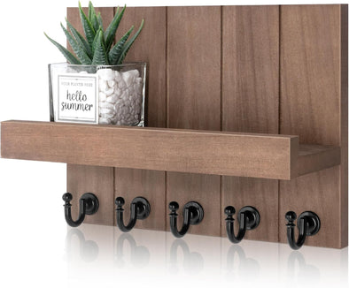 Decorative Key Holder for Wall - Rustic Key Hooks with Shelf and Mail Organizer Wall Mount for Farmhouse Wall Decor Living Room - Home Essentials for New Home (Retro Brown, 3.54" D X 10" W X 7.28" H)