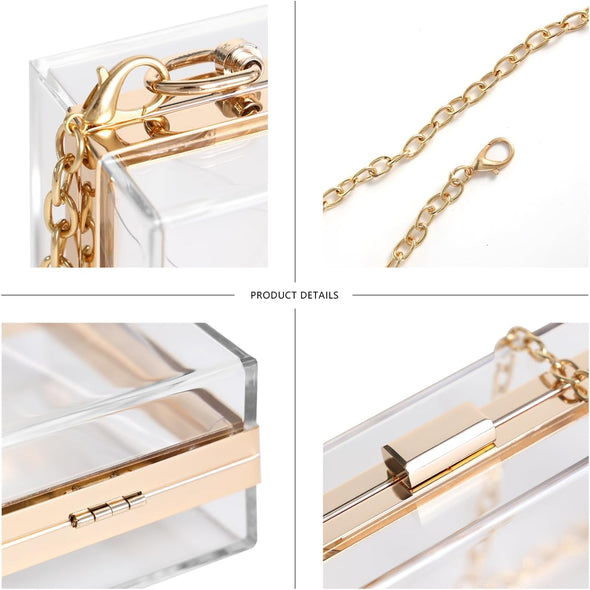 WJCD Women Clear Purse Acrylic Box Clutch Handbag, Small Transparent Crossbody Evening Bag Stadium Approved Gold Chain Strap