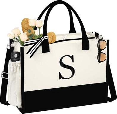 Initial Canvas Tote Bag - Reusable Grocery Bags, Birthday Gifts Basket for Bridemaids Friends Teachers