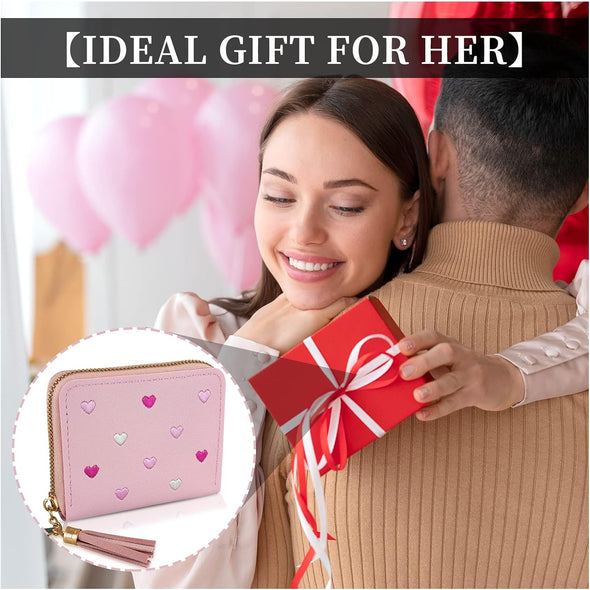 Womens Wallet with Zipper, PU Leather Women'S Wallet with Card Slots, Credit Card Holder Small Wallet with Heart-Embroidery Cute Wallet with Star Tassels Pendant