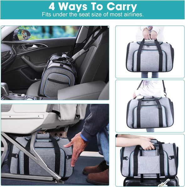 Siivton 4 Sides Expandable Pet Carrier, Airline Approved Soft-Sided Dog Cat Carrier Bag with Fleece Pad for Cats, Puppy and Small Animals (4 Extension Gray_Blue, L:18.0" L X 11.0" W X 11.0" H)