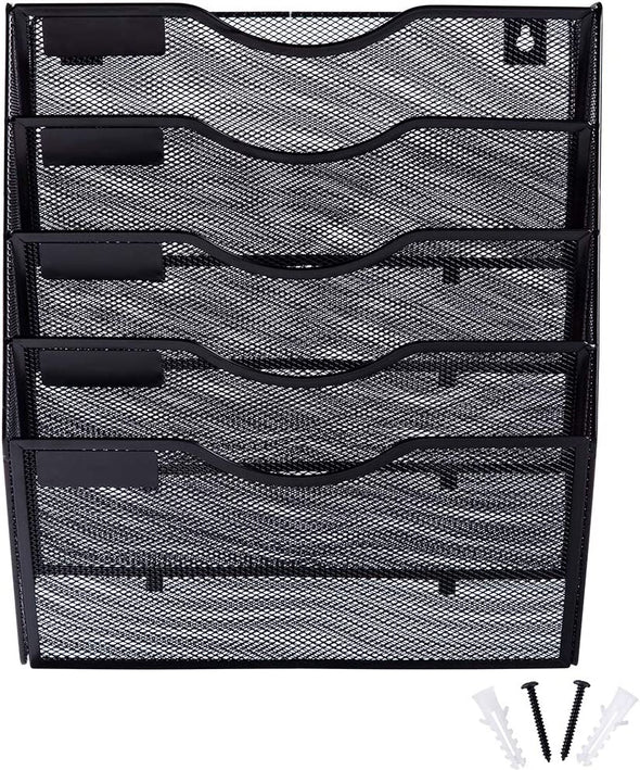 EASEPRES 5 Pocket Mesh Hanging Wall File Organizer, Wall Mounted Mail Paper Document Folder Holder, Clipboard Storage Organization Magazine Rack with Nametag Label for Office Home School, Black