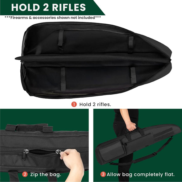 Soft Double Shotgun Rifle Case 38” 42” 44” 46" 52" Long Gun Bag W/Padded Handle - Adjustable Sling Dual Lockable Zippers, Multiple Magazine Holder Pouches Outdoor Tactical Accessory Bags