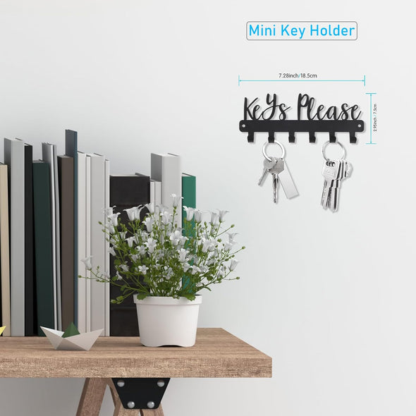 Mini Keys Please Holder on Wall,Small Key Holder Wall Mounted,Black Metal Decorative Key Rack Hooks for Garage,Mudroom,Hallway,Entryway,Front Door,Office(Mini Size:7.28 X 2.95 Inch)