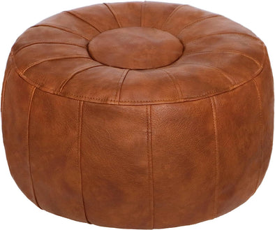Thgonwid Unstuffed Moroccan Pouf Ottoman Cover- Handmade round Faux Leather Foot Stool with Large Storage, Bean Bag Floor Chair & Foot Rest for Living Room, Bedroom, Balcony (Light Brown)