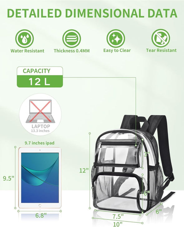 MAY TREE Clear Backpack Stadium Approved for Women and Men, Clear Bag for Stadium Events, Transparent Bag for Concert Sporting Festival, Black