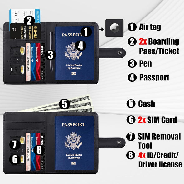 GOAUS Passport Holder for Travel with Airtag Card Slots, Money Pocket, Women Men RFID Blocking Wallet Book Case Black