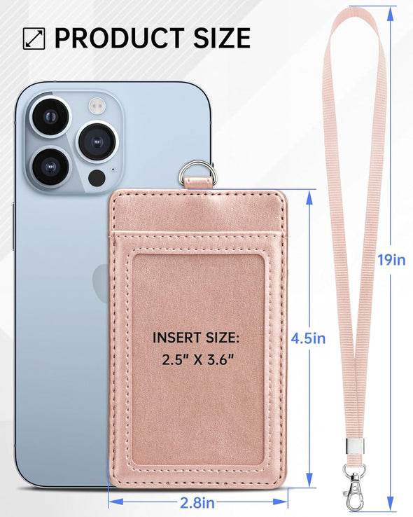 Teskyer Badge Holder, Leather ID Card Holder with Lanyard for ID Badges, Vertical Style, Rose Gold