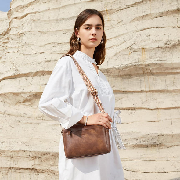 BOSTANTEN Small Crossbody Purse for Women Triple Zip Cell Phone Leather Handbag with Colored Shoulder Strap