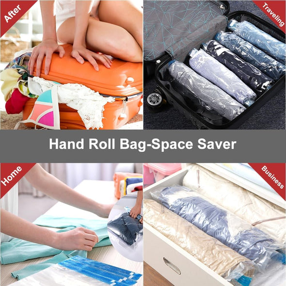 Compression Bags for Travel - Essentials 12 Pack Space Saver No Vacuum or Pump Needed Storage Accessorie and Home Packing Organizers (Transparent)