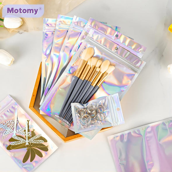 100 Pcs 2.7X9 Inch Holographic Pen Bags - Resealable Smell-Proof Packaging Bags for Party Favors, Food Storage, Cosmetics, Jewelry, Craft Supplies & Lip Gloss