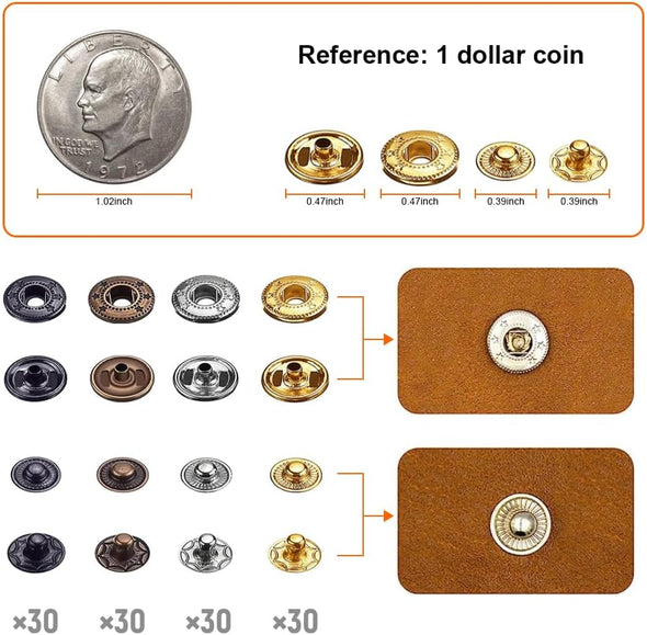 Qfun 120 Set Snap Fasteners Kit for Leather 12Mm Metal Button Snaps Press Studs with 4 Setter Tools, 1 Hammer, 4 Color Leather Snaps for Clothes, Jackets, Jeans Wears, Bracelets, Bags