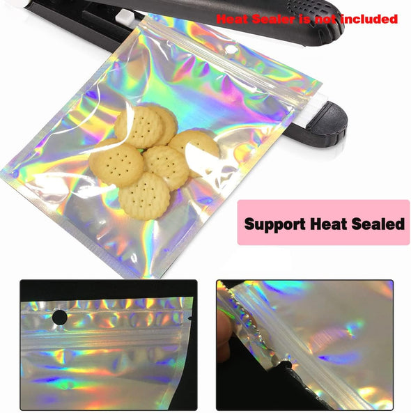 Smell Proof Bags & Resealable Foil Pouch Mylar Sample Bag Great for Party Favor Food Storage (Holographic Color) (50Pcs-5.5X8 Inch)