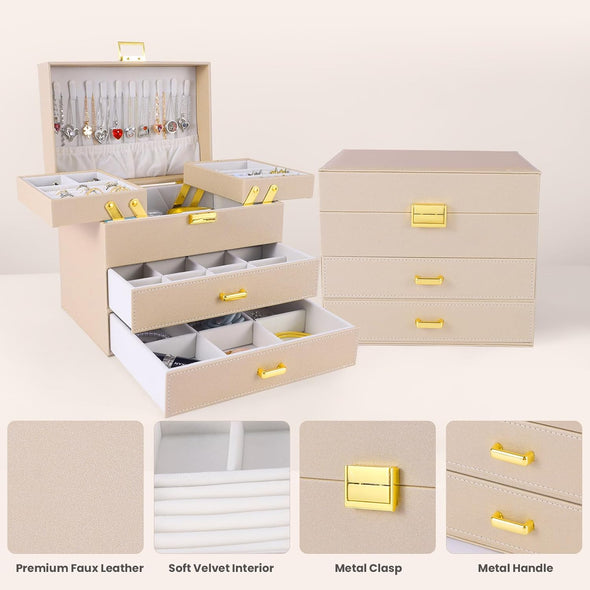 Jewelry Organizer Box, Jewelry Holder Organizer Box, PU Leather Jewelry Box, Gift Idea for Valentine'S Day, Birthday, Mother'S Day, Christmas (Champagne)