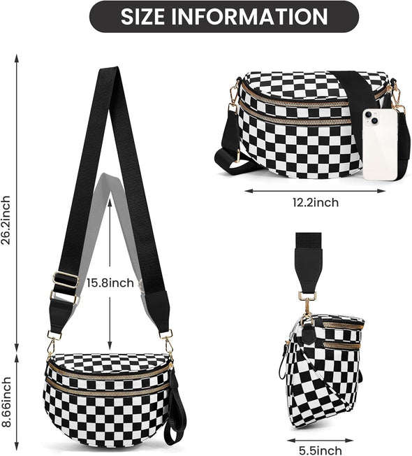 Bum Bags for Women Crossbody,Nylon Checkered Crossbody Bag Large Sling Bag Checkered Purse Oversized Slouchy Belt Bag