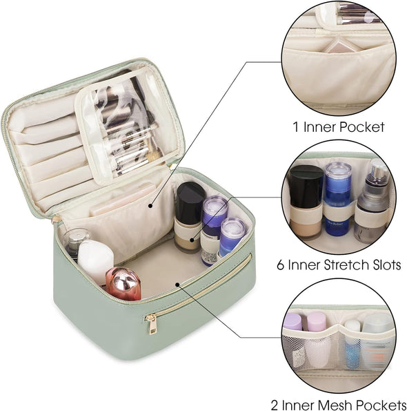 Wandering Nature Makeup Bag, Travel Make up Organizer Cosmetic Brush Bags Case for Women in Vegan Leather, Sage Green, Patent Pending
