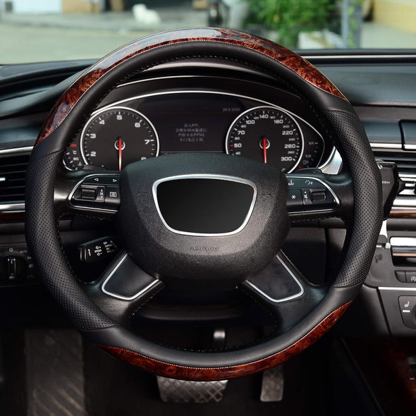 KAFEEK Wood Grain Steering Wheel Cover, Universal 15 Inch, Microfiber Leather,Anti-Slip, Odorless