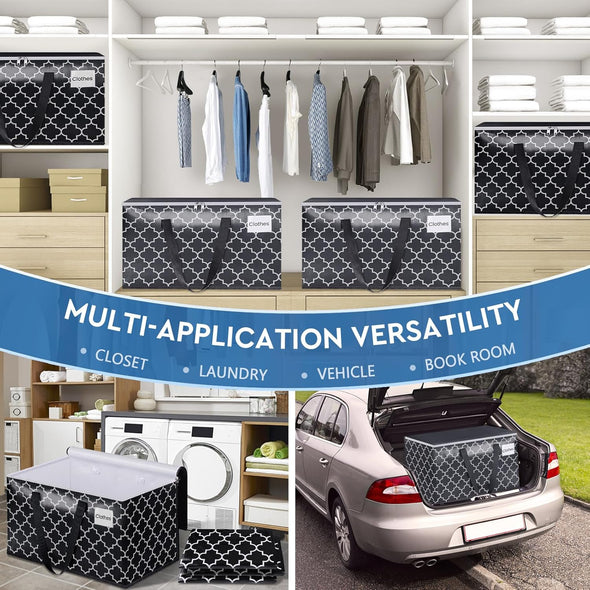 Extra Large Moving Bags, Heavy-Duty Storage Totes with Zipper Top and Sturdy Handles, Moving Supplies for Space Saving and Packing, Collapsible Storage Bags, Black & Gray, 88L, 6-Pack