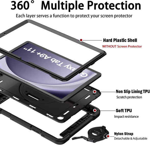 BMOUO for Samsung Galaxy Tab A9+ plus Case 11" 2023 (SM-X210/X216/X218), Shockproof Galaxy Tab A9 plus Case with Rotating Stand and Hand/Shoulder Strap, Black