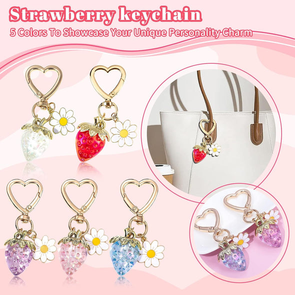 2Pcs Strawberry Keychain Charm Cute Bag Charms Flower Daisy Pearl Bow Keychain Strawberry Gift for Women