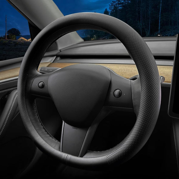LKWLIKEI Nappa Leather Ultra-Thin Steering Wheel Cover, for Tesla Model 3/Y Steering Wheel Cover, Non-Slip Design and Interior Modification of Car Accessories (Black)