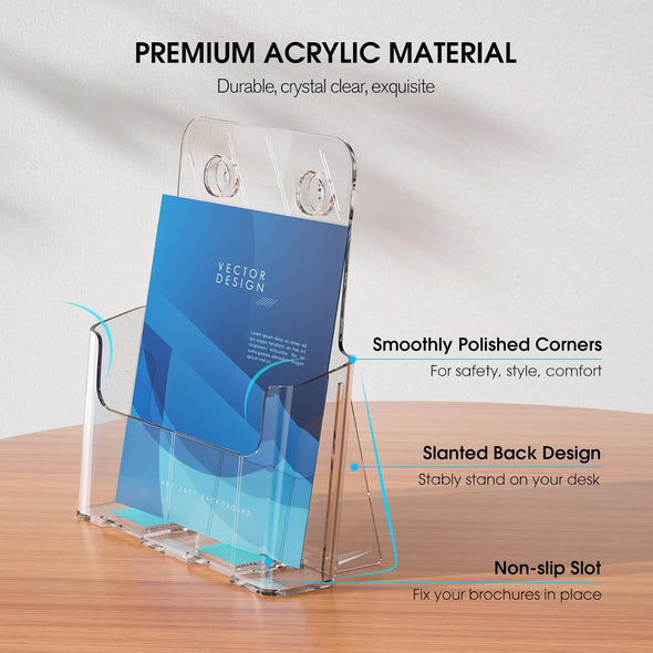 KTRIO Acrylic Brochure Holder 8.5 X 11 Inch, Plastic Clear Literature Holders Rack Card Display Trifold Brochures Stand, Stands for Flyer, Pamphlet, Magazine, Booklet, Desk & Wall Mount, 2 Pack