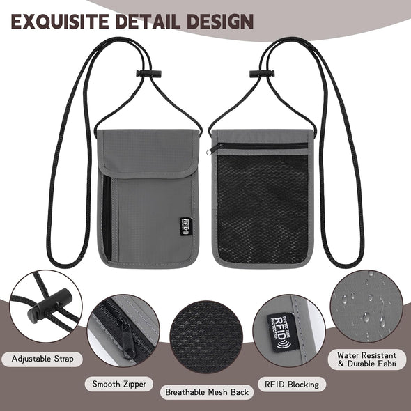 5.5" L X 7.9" W Travel Neck Wallet, RFID Blocking Passport Holder, Security Lightweight Passport Travel Wallet, Neck Pouch Gifts for Women Men(Grey)