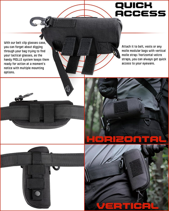 WYNEX Tactical Molle Glasses Pouch, Shockproof Eyeglasses Case Hard Shell, Sunglasses Case with Clip and Zipper, Protective Box with Flag Patch, for Most Glasses, Sunglasses, Goggles
