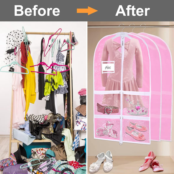 Pink Kids Dance Garment Bag for Hanging Clothes,37 Inch Waterproof PVC Travel Garment Bag with 3 Pockets for Dance Costumes,Sports,Skating,Theatre,Beauty Pageants & More