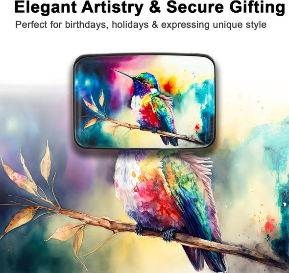 Credit Card Holder for Women Men RFID Blocking Wallet Small Business Metal Slim Mini Aluminum Hard Case (Watercolor Painting Hummingbird)