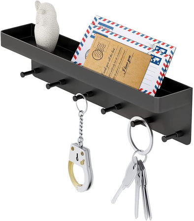 MKO Key Holder Wall Mount, Key Holder Wall Mount Adhesive with Mail Organizer Tray with 6 Key Hooks for Wall, Black