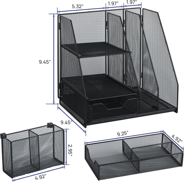 Desk Organizer, File Organizer for Desk with 2-Tier Paper Letter Tray, Drawer and 2 Pen Holder, Mesh Desktop Organization with Magazine Holder for Office Supplies