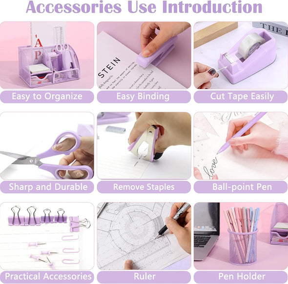 Purple Office Desk Accessories Supplies, 12Pcs Desk Organizers and Accessories with Tape Dispenser and Stapler,Staples,Staple Remover,Pen Holder,Scissor,Ruler,Sticky Tabs,Tape,Ballpoint Pen,Clips Set