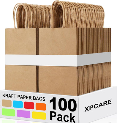 XPCARE 100Pcs Paper Gift Bags 5.25X3.25X8.25'', Small Paper Bag with Handles Bulk Shopping,Kraft,Retail,Party Bags for Small Business (Brown)