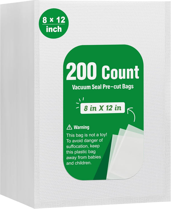 Syntus 200 Count Vacuum Sealer Bags Quart 8 X 12 Inch for Seal a Meal, Commercial Grade BPA Free Heavy Duty Precut Seal Bags, Food Vac Bags for Storage, Meal Prep or Sous Vide