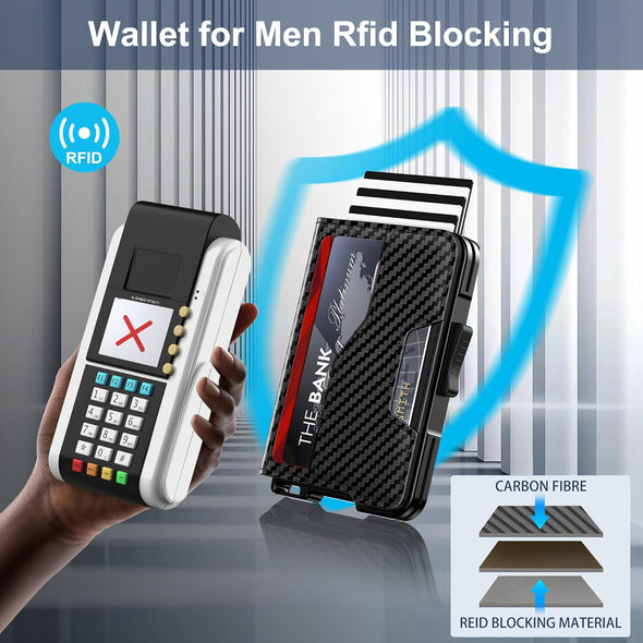 Wallet for Men - Pop up Case, Cash Slot, and Credit Card Wallet - Slim Minimalist Aluminum Front Pocket Wallet with RFID Blocking/Id Window (Carbon Fiber)